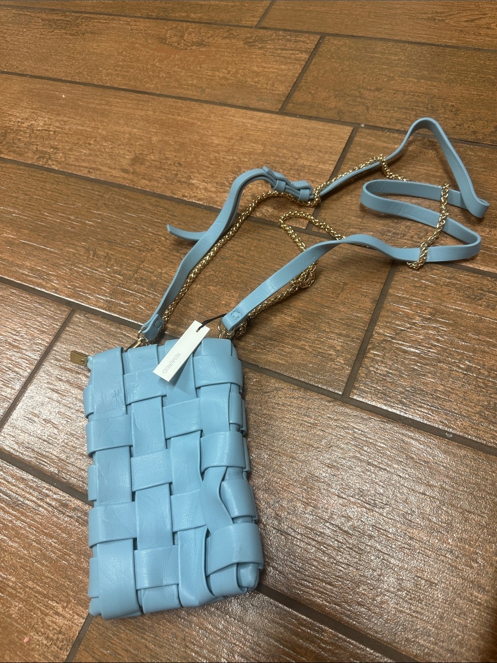 Woven Light Blue Crossbody Bag with Gold Chain Strap - Picture 1 of 1